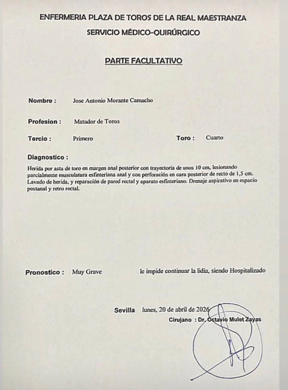 Parte Médico de Morante 